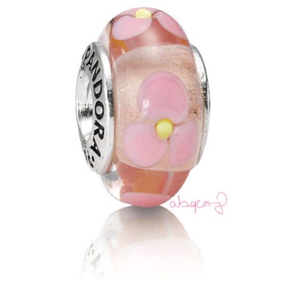 EUC Pandora 790619 Sterling Silver Pink Murano Glass Flowers Charm